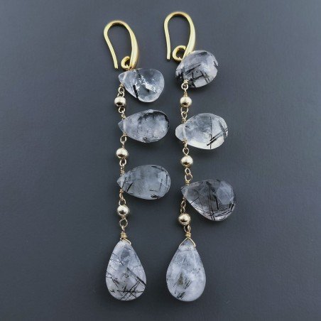 Orecchini In Argento 925 A Nodo Orafo Dorato Con Quarzo Rutillato Tormalinato Goccia Briolette Sfaccettato A Mano