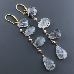 Orecchini In Argento 925 A Nodo Orafo Dorato Con Quarzo Rutillato Tormalinato Goccia Briolette Sfaccettato A Mano