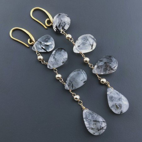 Orecchini In Argento 925 A Nodo Orafo Dorato Con Quarzo Rutillato Tormalinato Goccia Briolette Sfaccettato A Mano