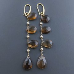 Orecchini In Argento 925 A Nodo Orafo Dorato Con Quarzo Birra Goccia Briolette Sfaccettato A Mano
