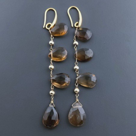 Orecchini In Argento 925 A Nodo Orafo Dorato Con Quarzo Birra Goccia Briolette Sfaccettato A Mano