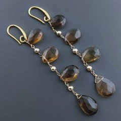 Orecchini In Argento 925 A Nodo Orafo Dorato Con Quarzo Birra Goccia Briolette Sfaccettato A Mano
