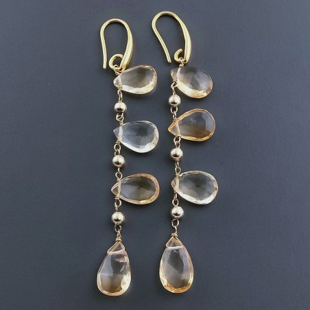 Orecchini In Argento 925 A Nodo Orafo Dorato Con Quarzo Citrino Goccia Briolette Sfaccettato A Mano