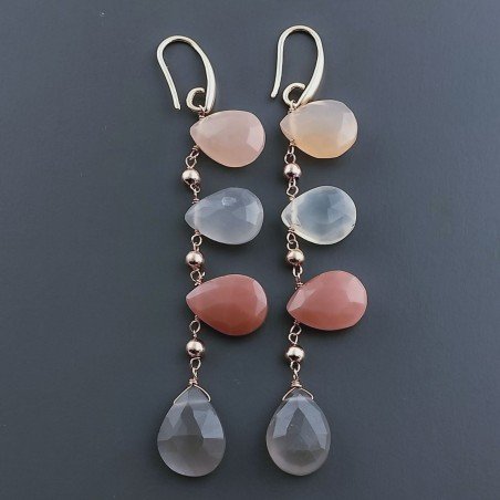 Orecchini In Argento 925 A Nodo Orafo Oro Rosa Con Pietra Di Luna Multi Goccia Briolette Sfaccettato A Mano
