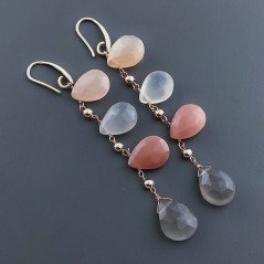 Orecchini In Argento 925 A Nodo Orafo Oro Rosa Con Pietra Di Luna Multi Goccia Briolette Sfaccettato A Mano