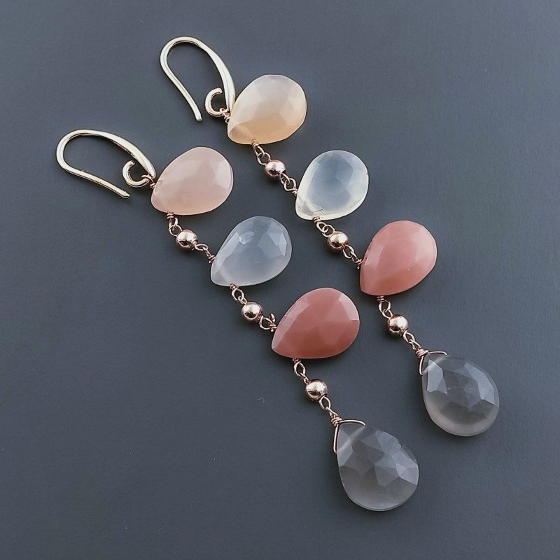Orecchini In Argento 925 A Nodo Orafo Oro Rosa Con Pietra Di Luna Multi Goccia Briolette Sfaccettato A Mano