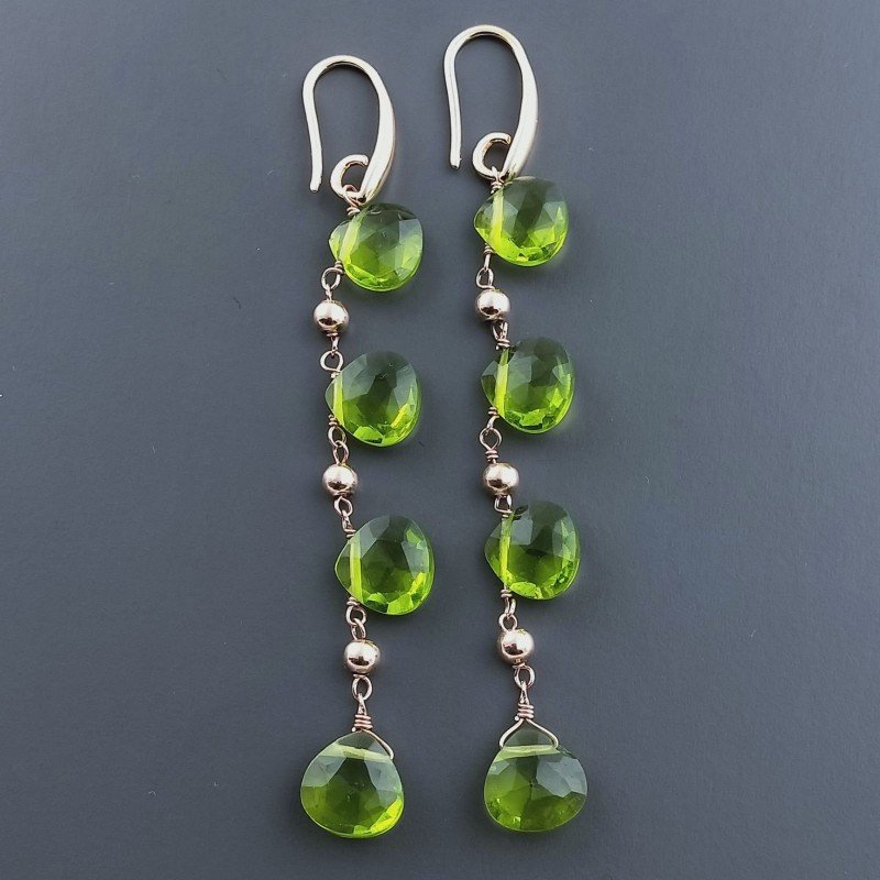 Orecchini In Argento 925 A Nodo Orafo Oro Rosa Con Olivina (Peridoto) Idrotermale Goccia Briolette Sfaccettato A Mano