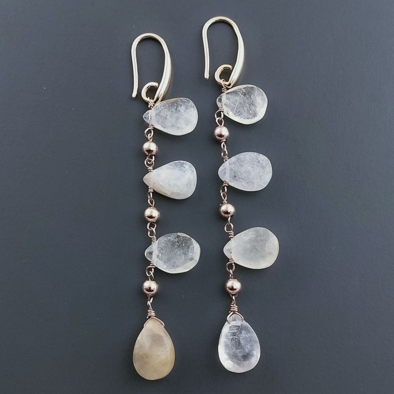 Orecchini In Argento 925 A Nodo Orafo Oro Rosa Con Quarzo Rutillato Oro Goccia Briolette Sfaccettato A Mano