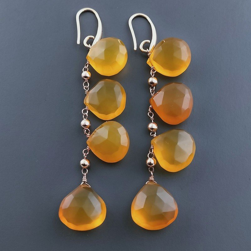 Orecchini In Argento 925 A Nodo Orafo Oro Rosa Con Calcedonio Giallo Goccia Briolette Sfaccettato A Mano