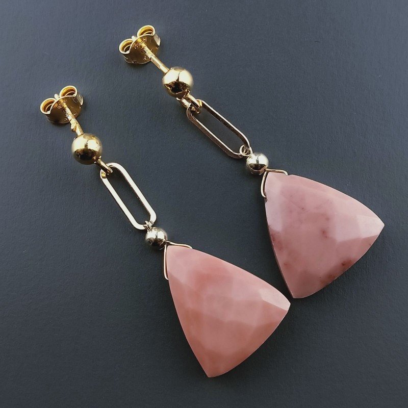 Orecchini Graffetta In Argento 925 A Nodo Orafo Dorato Con Rhodonite Rosa Triangolo Briolette Sfaccettato A Mano