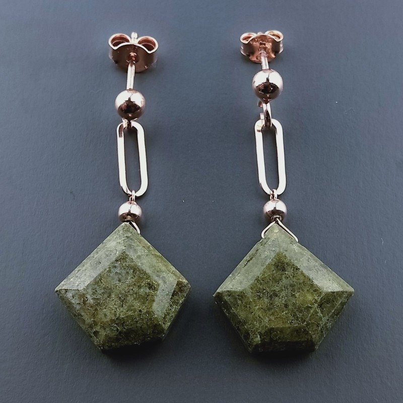 Orecchini Graffetta In Argento 925 A Nodo Orafo Oro Rosa Con Serpentite Diamante Briolette Sfaccettato A Mano