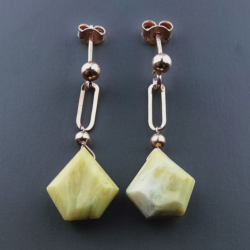 Orecchini Graffetta In Argento 925 A Nodo Orafo Oro Rosa Con Giada Limone Diamante Briolette Sfaccettato A Mano