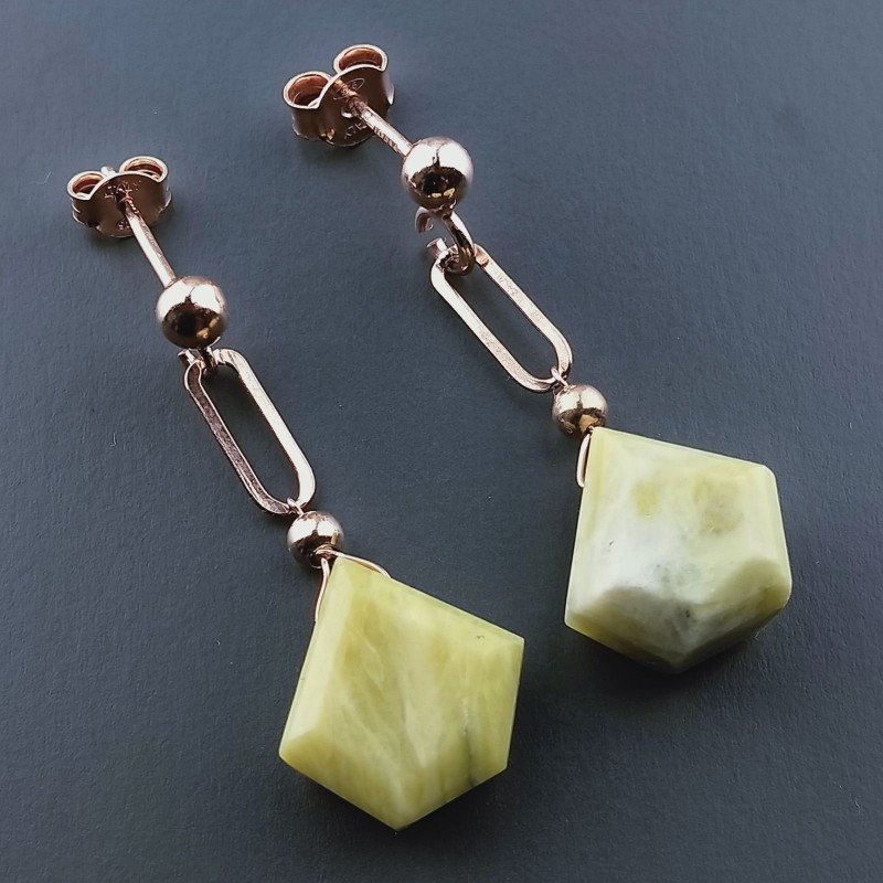 Orecchini Graffetta In Argento 925 A Nodo Orafo Oro Rosa Con Giada Limone Diamante Briolette Sfaccettato A Mano
