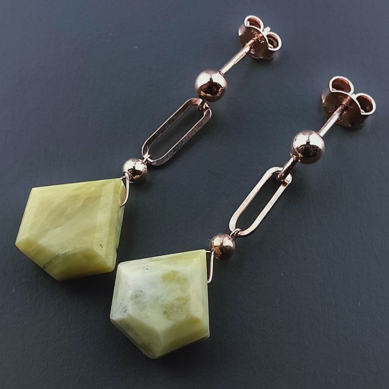 Orecchini Graffetta In Argento 925 A Nodo Orafo Oro Rosa Con Giada Limone Diamante Briolette Sfaccettato A Mano