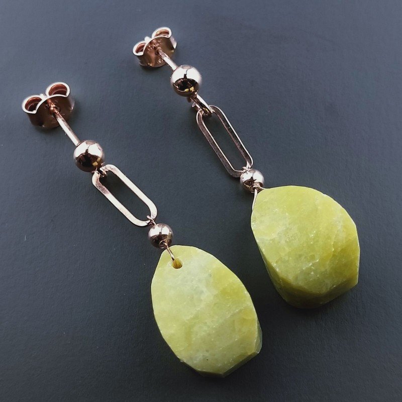 Orecchini Graffetta In Argento 925 A Nodo Orafo Oro Rosa Con Giada Limone Goccia Twist Briolette Sfaccettato A Mano