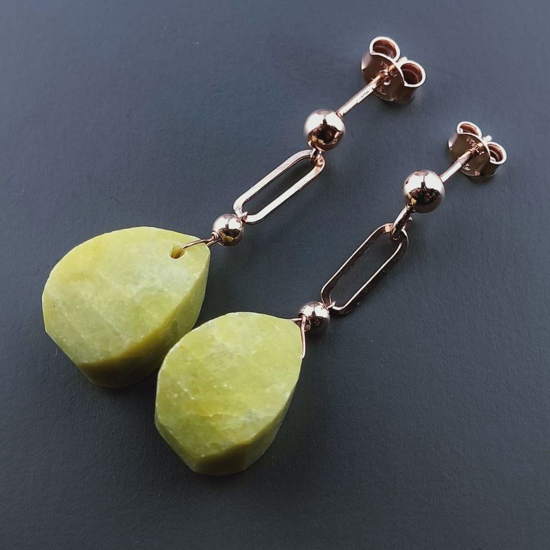 Orecchini Graffetta In Argento 925 A Nodo Orafo Oro Rosa Con Giada Limone Goccia Twist Briolette Sfaccettato A Mano