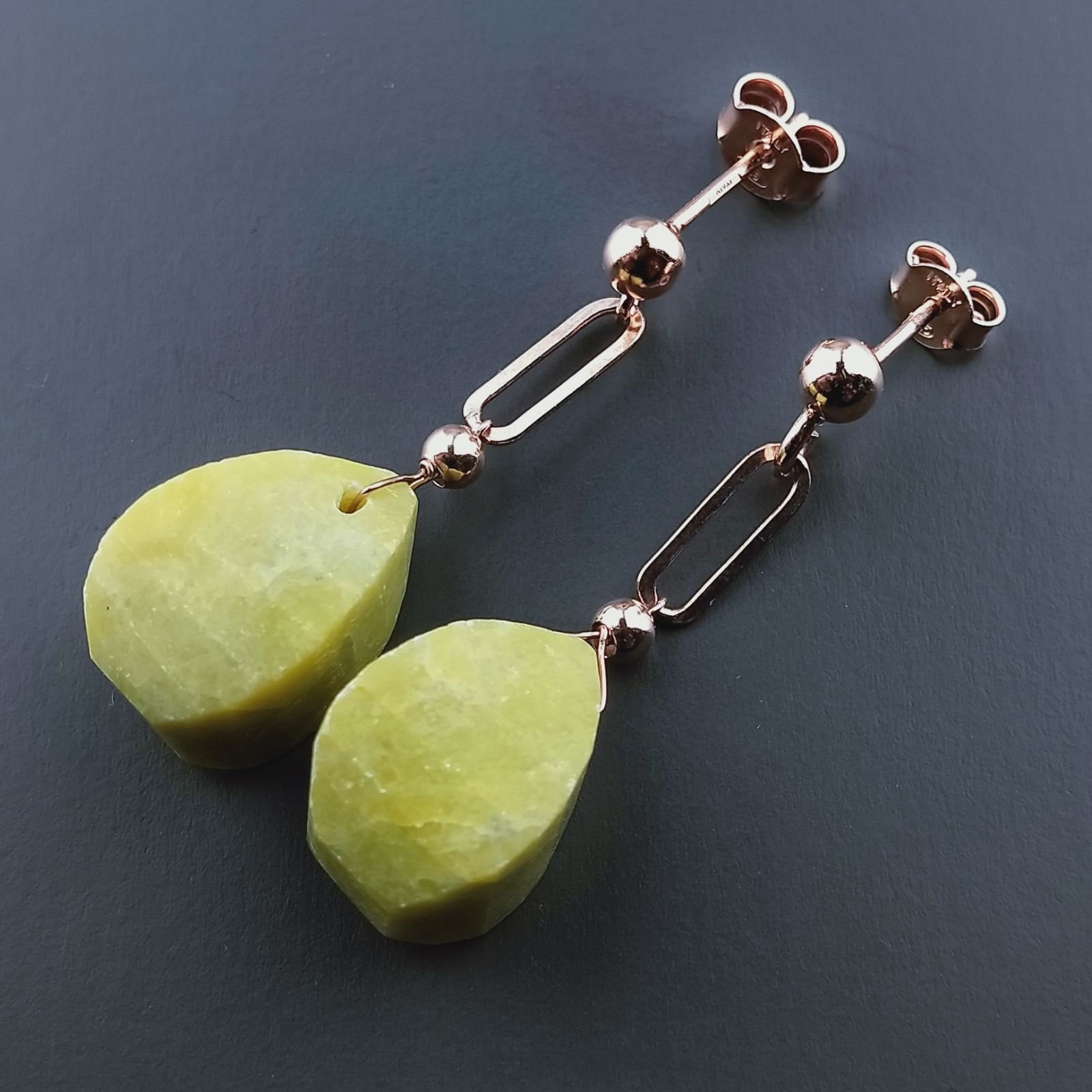Orecchini Graffetta In Argento 925 A Nodo Orafo Oro Rosa Con Giada Limone Goccia Twist Briolette Sfaccettato A Mano
