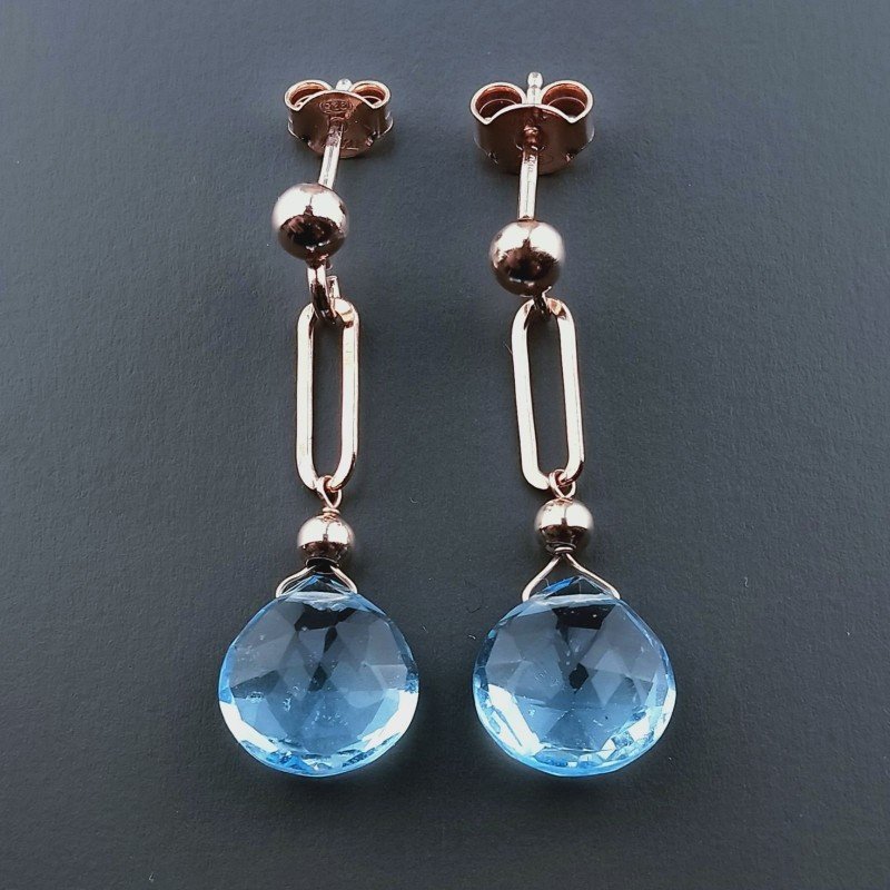Orecchini Graffetta In Argento 925 A Nodo Orafo Oro Rosa Con Topazio Azzurro Goccia Briolette Sfaccettato A Mano