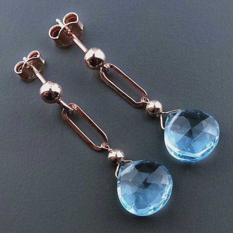 Orecchini Graffetta In Argento 925 A Nodo Orafo Oro Rosa Con Topazio Azzurro Goccia Briolette Sfaccettato A Mano