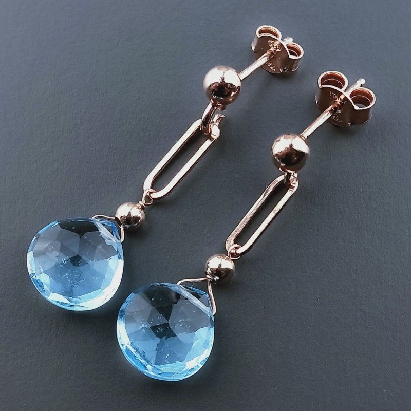 Orecchini Graffetta In Argento 925 A Nodo Orafo Oro Rosa Con Topazio Azzurro Goccia Briolette Sfaccettato A Mano