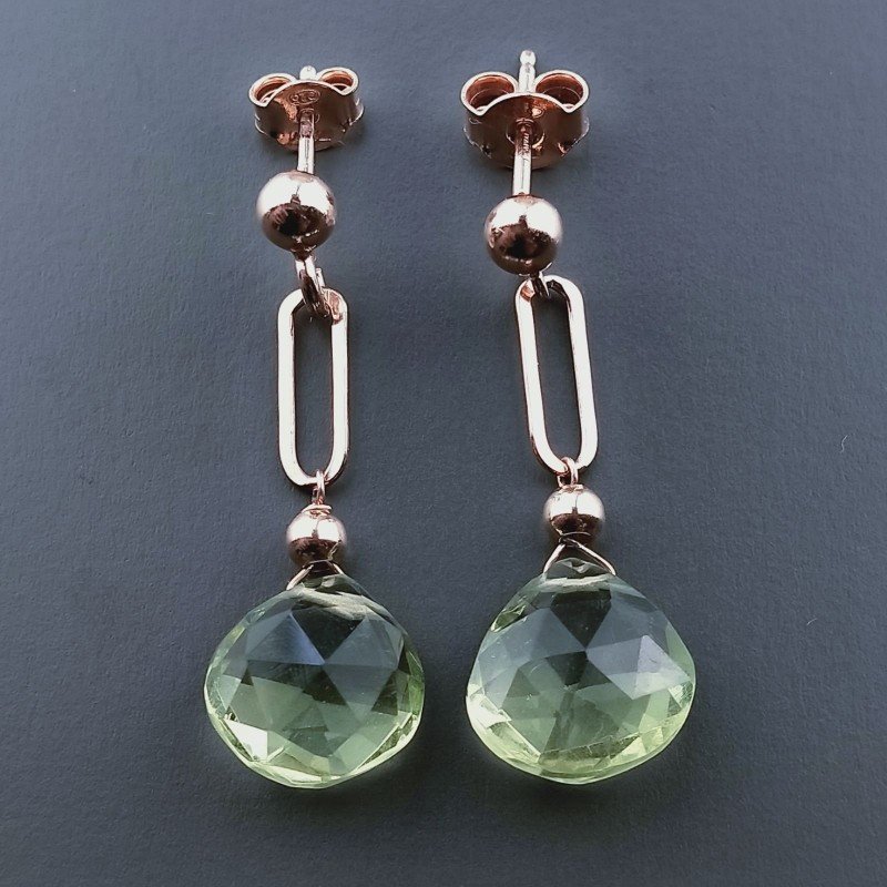 Orecchini Graffetta In Argento 925 A Nodo Orafo Oro Rosa Con Ametista Verde Idrotermale Goccia Briolette Sfaccettato A Mano