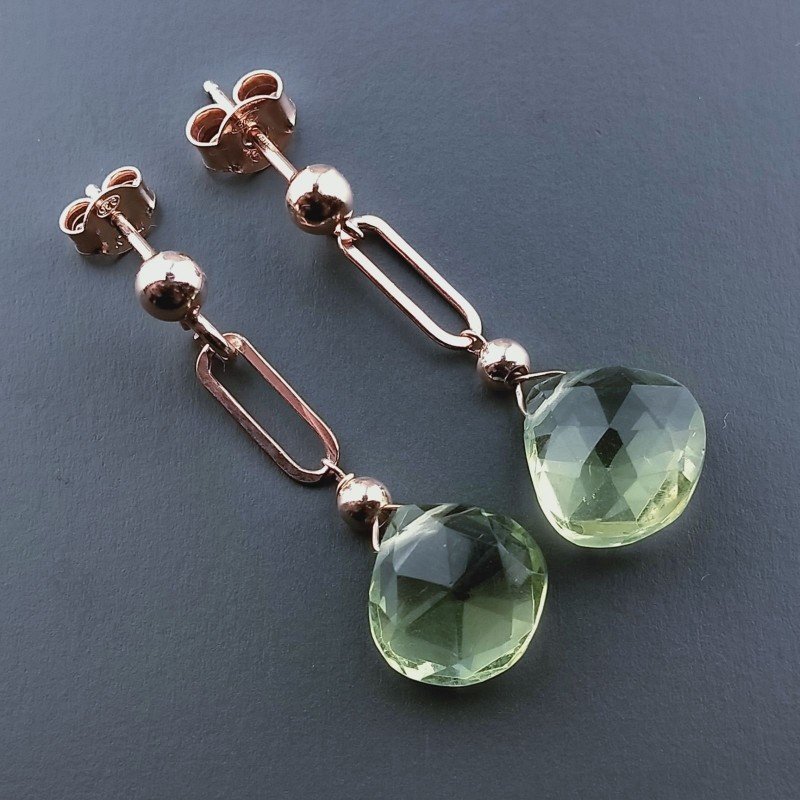 Orecchini Graffetta In Argento 925 A Nodo Orafo Oro Rosa Con Ametista Verde Idrotermale Goccia Briolette Sfaccettato A Mano