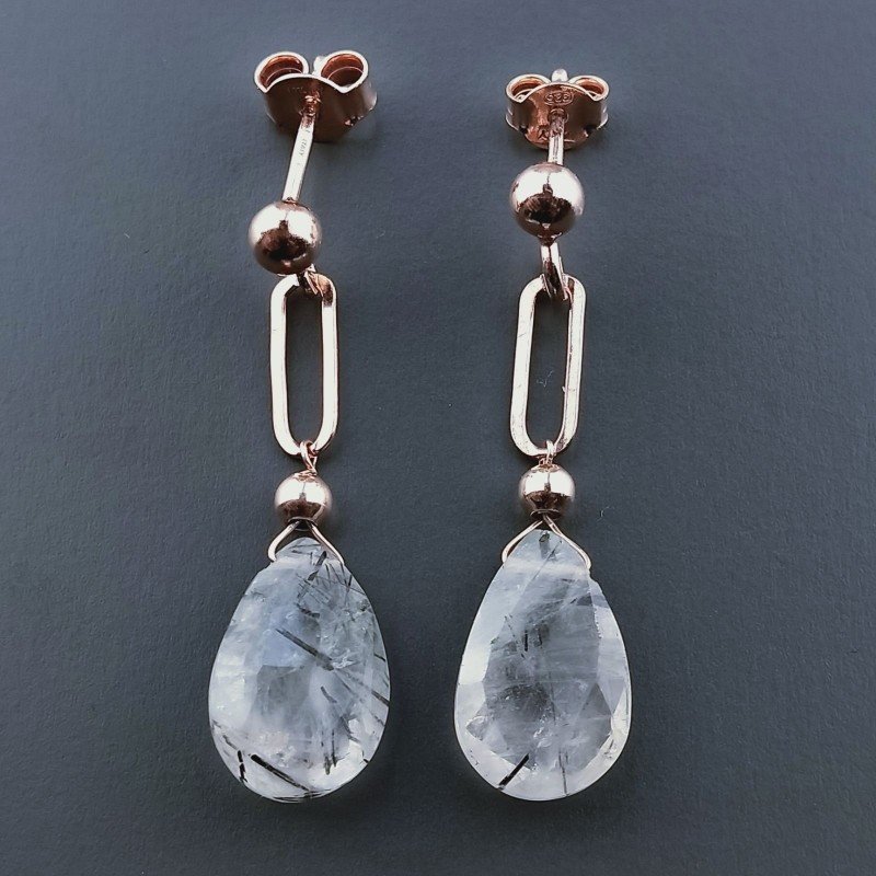 Orecchini Graffetta In Argento 925 A Nodo Orafo Oro Rosa Con Quarzo Rutillato Tormalinato Goccia Briolette Sfaccettato A Mano