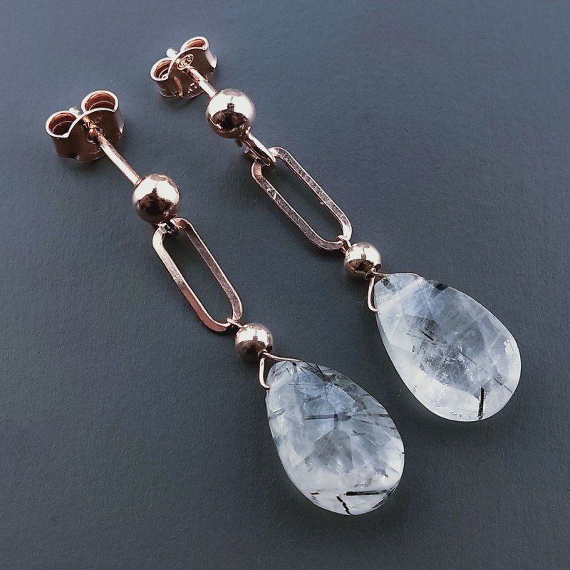 Orecchini Graffetta In Argento 925 A Nodo Orafo Oro Rosa Con Quarzo Rutillato Tormalinato Goccia Briolette Sfaccettato A Mano