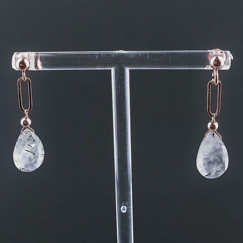 Orecchini Graffetta In Argento 925 A Nodo Orafo Oro Rosa Con Quarzo Rutillato Tormalinato Goccia Briolette Sfaccettato A Mano