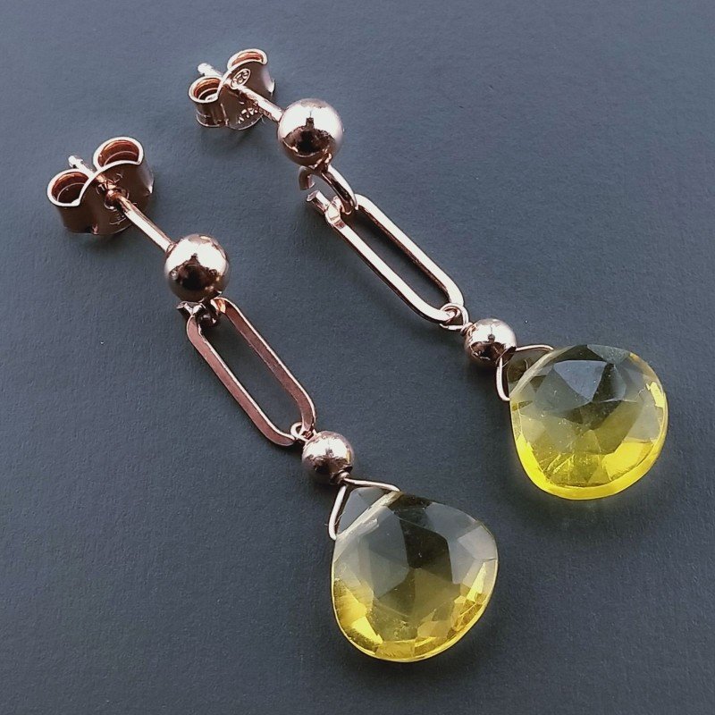 Orecchini Graffetta In Argento 925 A Nodo Orafo Oro Rosa Con Quarzo Citrino Idrotermale Goccia Briolette Sfaccettato A Mano