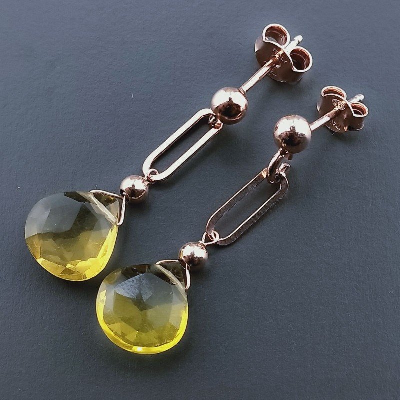 Orecchini Graffetta In Argento 925 A Nodo Orafo Oro Rosa Con Quarzo Citrino Idrotermale Goccia Briolette Sfaccettato A Mano