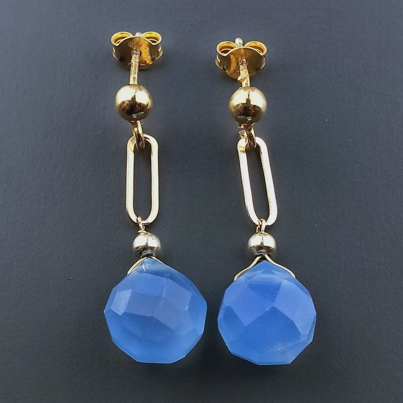 Orecchini Graffetta In Argento 925 A Nodo Orafo Dorato Con Calcedonio Blu Goccia Briolette Sfaccettato A Mano