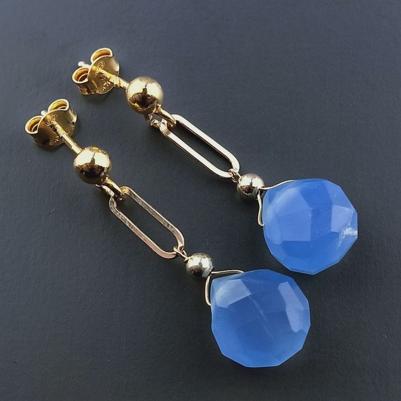 Orecchini Graffetta In Argento 925 A Nodo Orafo Dorato Con Calcedonio Blu Goccia Briolette Sfaccettato A Mano