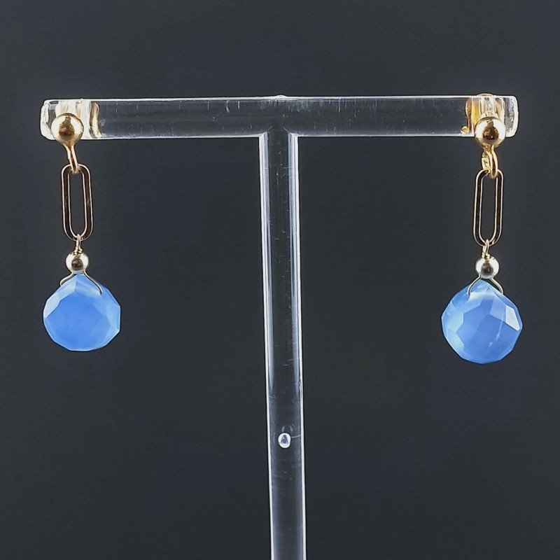 Orecchini Graffetta In Argento 925 A Nodo Orafo Dorato Con Calcedonio Blu Goccia Briolette Sfaccettato A Mano