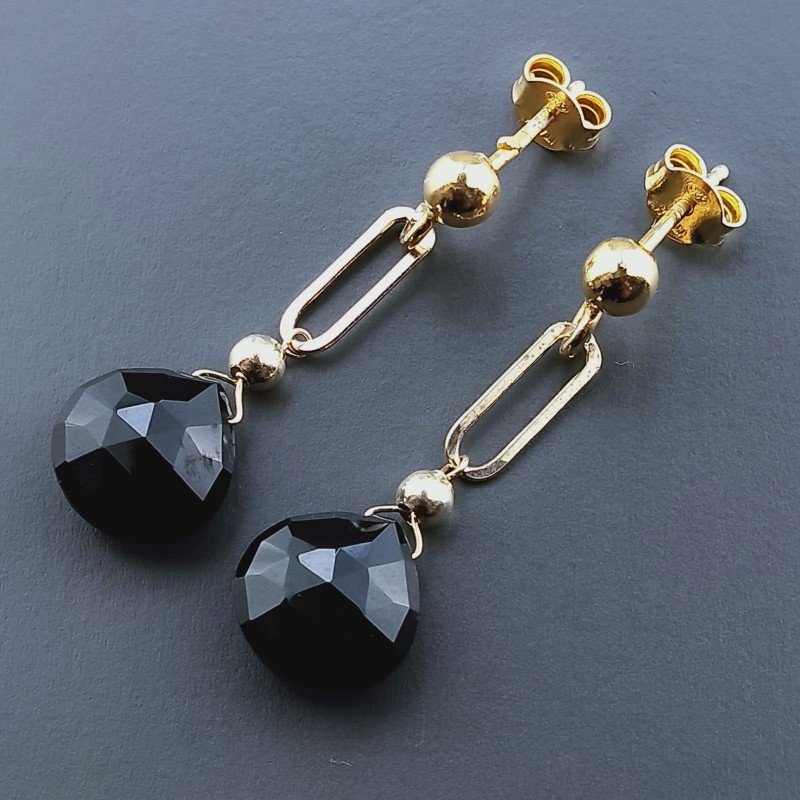 Orecchini Graffetta In Argento 925 A Nodo Orafo Dorato Con Spinello Nero Goccia Briolette Sfaccettato A Mano