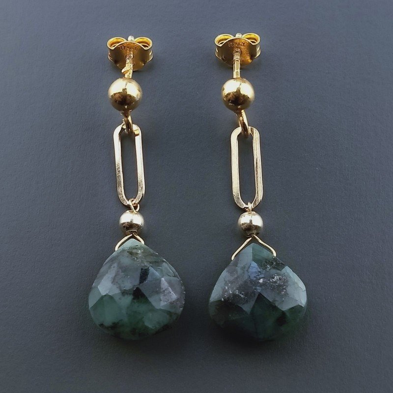 Orecchini Graffetta In Argento 925 A Nodo Orafo Dorato Con Radice Di Smeraldo Goccia Briolette Sfaccettato A Mano