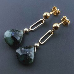 Orecchini Graffetta In Argento 925 A Nodo Orafo Dorato Con Radice Di Smeraldo Goccia Briolette Sfaccettato A Mano