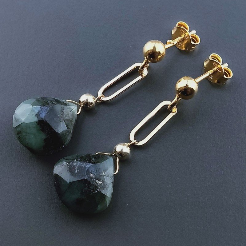 Orecchini Graffetta In Argento 925 A Nodo Orafo Dorato Con Radice Di Smeraldo Goccia Briolette Sfaccettato A Mano