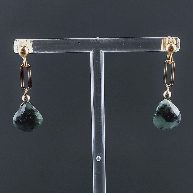 Orecchini Graffetta In Argento 925 A Nodo Orafo Dorato Con Radice Di Smeraldo Goccia Briolette Sfaccettato A Mano