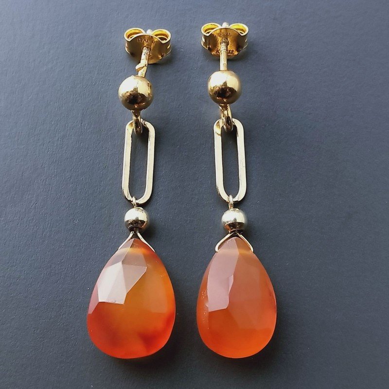 Orecchini Graffetta In Argento 925 A Nodo Orafo Dorato Con Corniola Goccia Briolette Sfaccettato A Mano