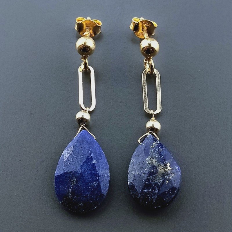 Orecchini Graffetta In Argento 925 A Nodo Orafo Dorato Con Lapis Lazuli Goccia Briolette Sfaccettato A Mano