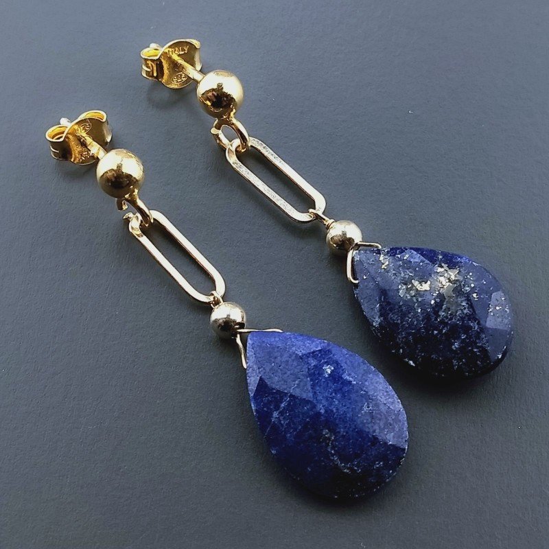 Orecchini Graffetta In Argento 925 A Nodo Orafo Dorato Con Lapis Lazuli Goccia Briolette Sfaccettato A Mano