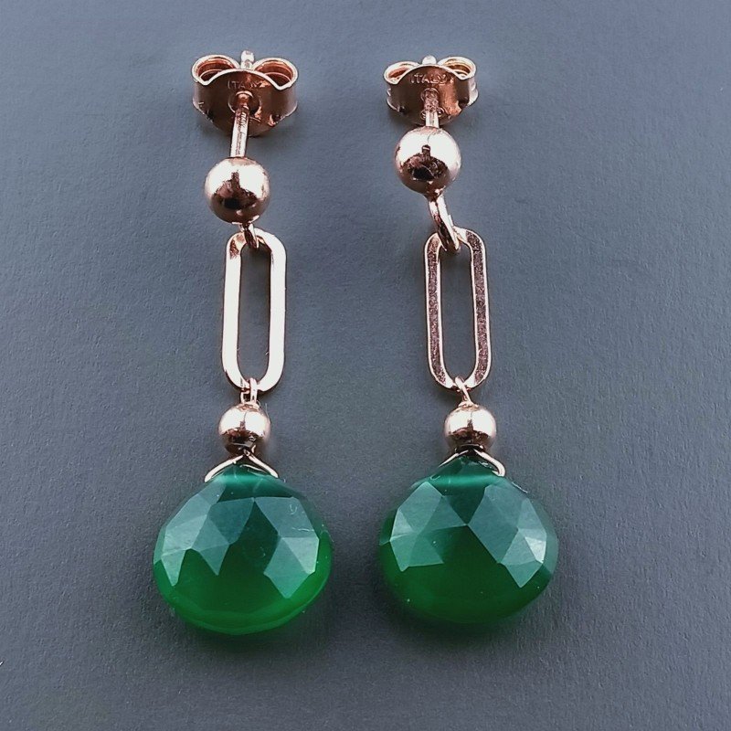 Orecchini Graffetta In Argento 925 A Nodo Orafo Oro Rosa Con Onice Verde Goccia Briolette Sfaccettato A Mano