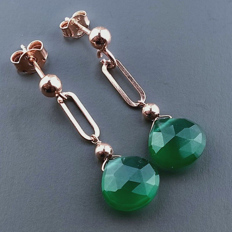 Orecchini Graffetta In Argento 925 A Nodo Orafo Oro Rosa Con Onice Verde Goccia Briolette Sfaccettato A Mano