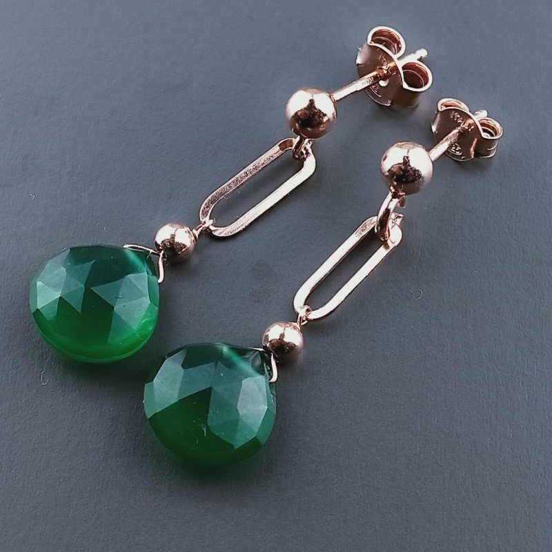 Orecchini Graffetta In Argento 925 A Nodo Orafo Oro Rosa Con Onice Verde Goccia Briolette Sfaccettato A Mano