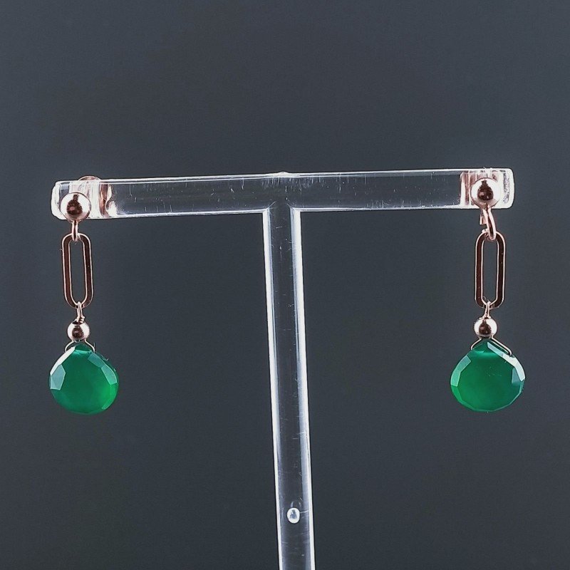 Orecchini Graffetta In Argento 925 A Nodo Orafo Oro Rosa Con Onice Verde Goccia Briolette Sfaccettato A Mano