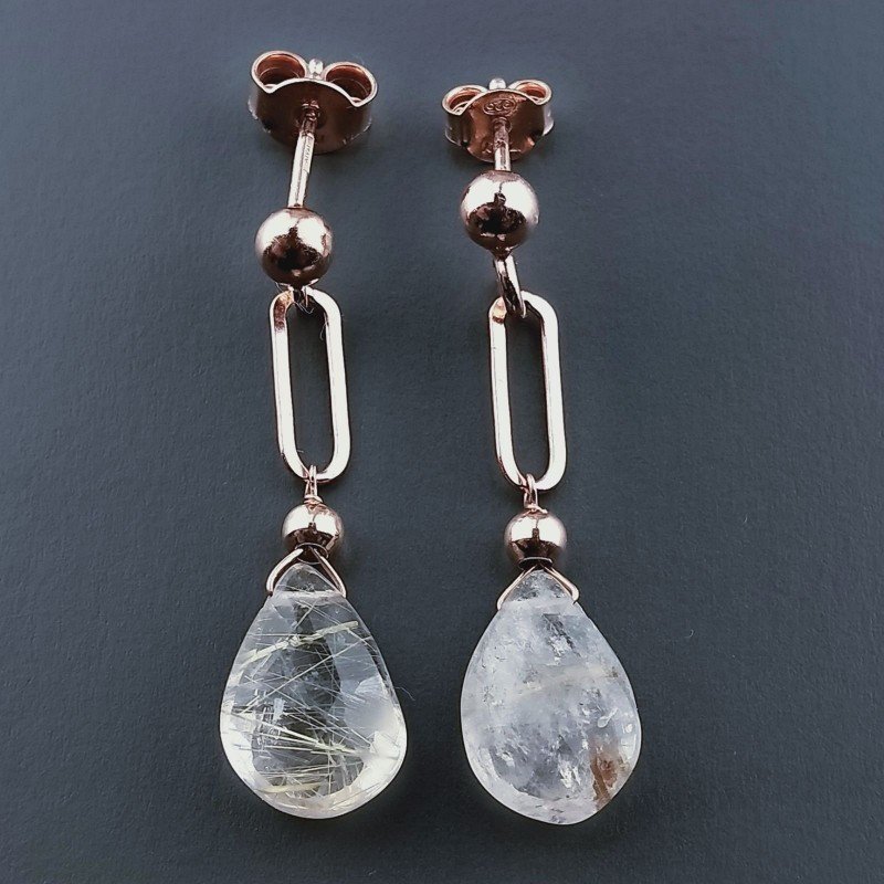 Orecchini Graffetta In Argento 925 A Nodo Orafo Oro Rosa Con Quarzo Rutillato Oro Goccia Briolette Sfaccettato A Mano