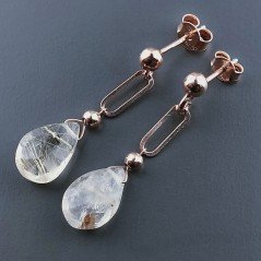 Orecchini Graffetta In Argento 925 A Nodo Orafo Oro Rosa Con Quarzo Rutillato Oro Goccia Briolette Sfaccettato A Mano