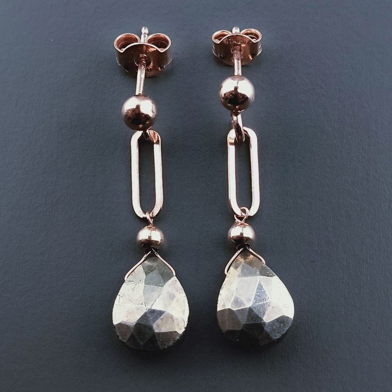 Orecchini Graffetta In Argento 925 A Nodo Orafo Oro Rosa Con Pirite Naturale Goccia Briolette Sfaccettato A Mano