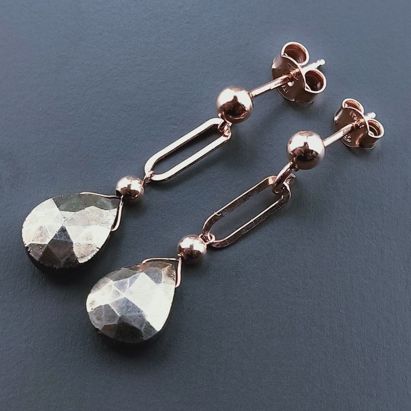 Orecchini Graffetta In Argento 925 A Nodo Orafo Oro Rosa Con Pirite Naturale Goccia Briolette Sfaccettato A Mano